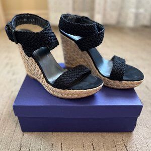 STUART WEITZMAN ALEX BLACK ANKLE WRAP WEDGE SANDAL 9.5 NEW IN BOX